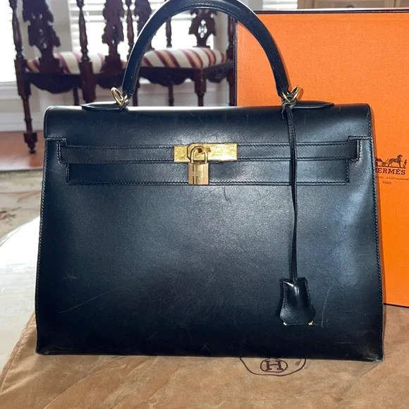 Hermes Kelly Sellier 35 in Black Box leather - Picture 3 of 16